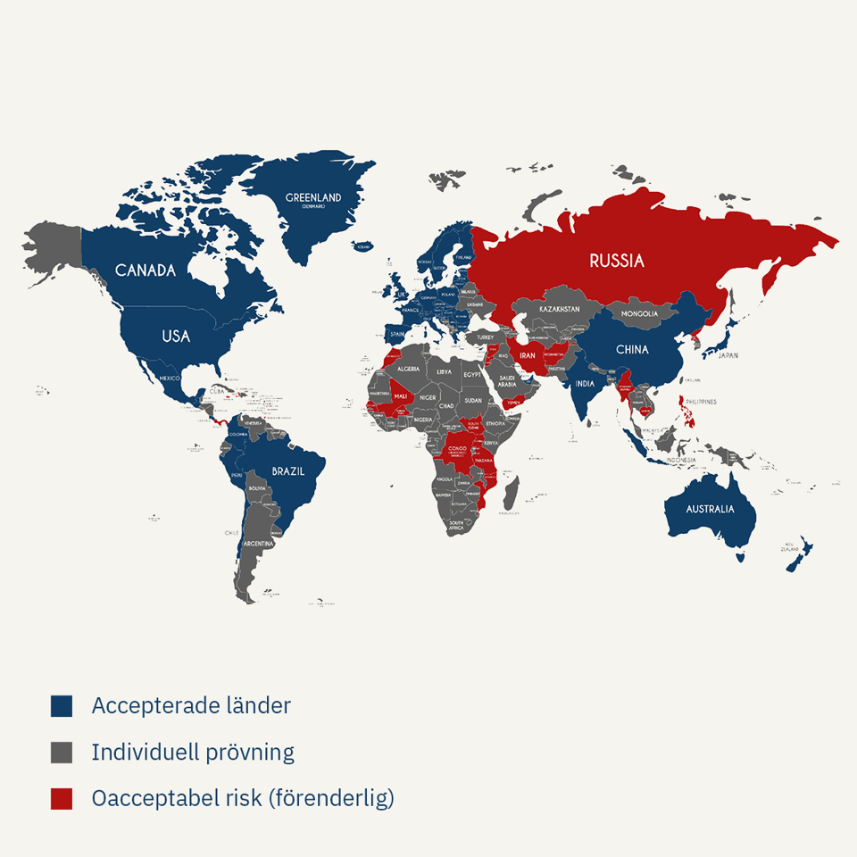 En världskarta som illustrerar i vilka länder som vi kan erbjuda exportfactoring