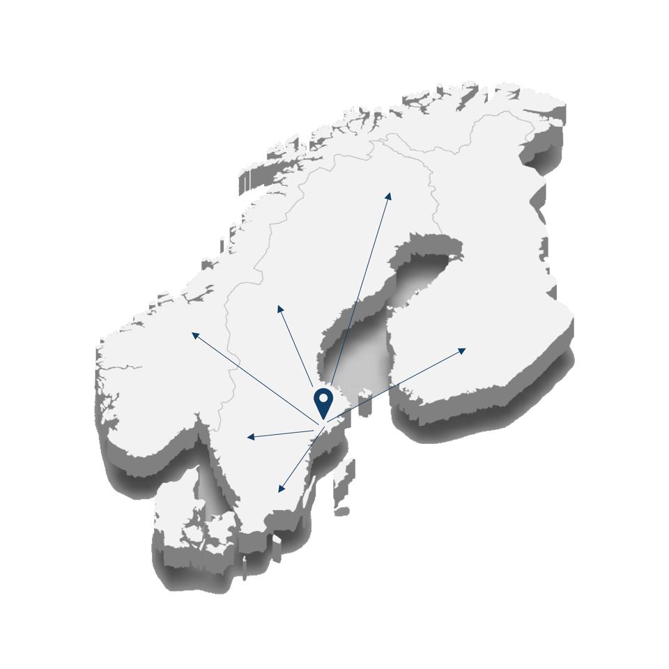 Karta som visar att Serafim Finans utgår ifrån Stockholm, men arbetar med företag i hela Sverige, Finland och Norge